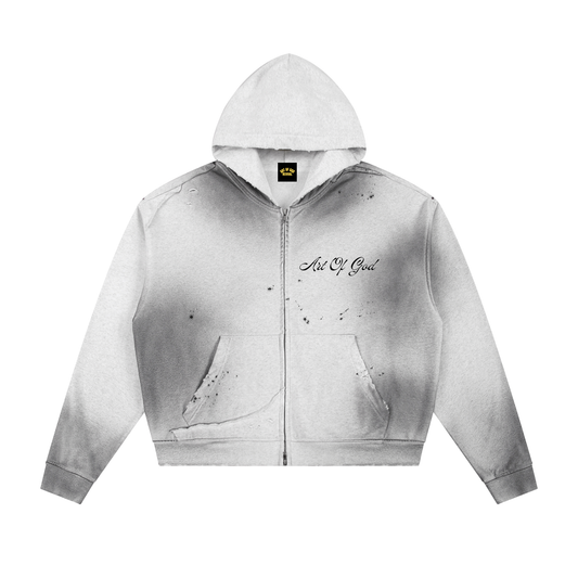 hoodie,art,double zip,grey,gray,distressed